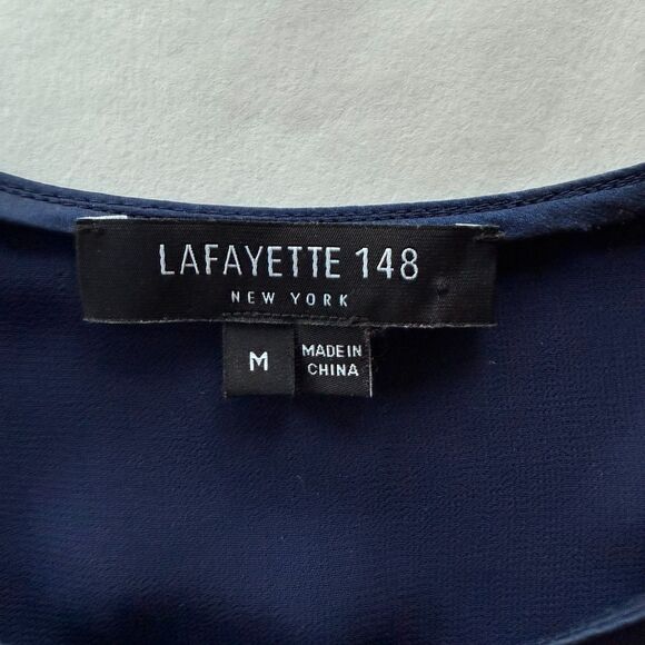 Lafayette 148 100% Silk Collarless Hidden Button Blouse in Royal Navy Size M - Picture 8 of 12